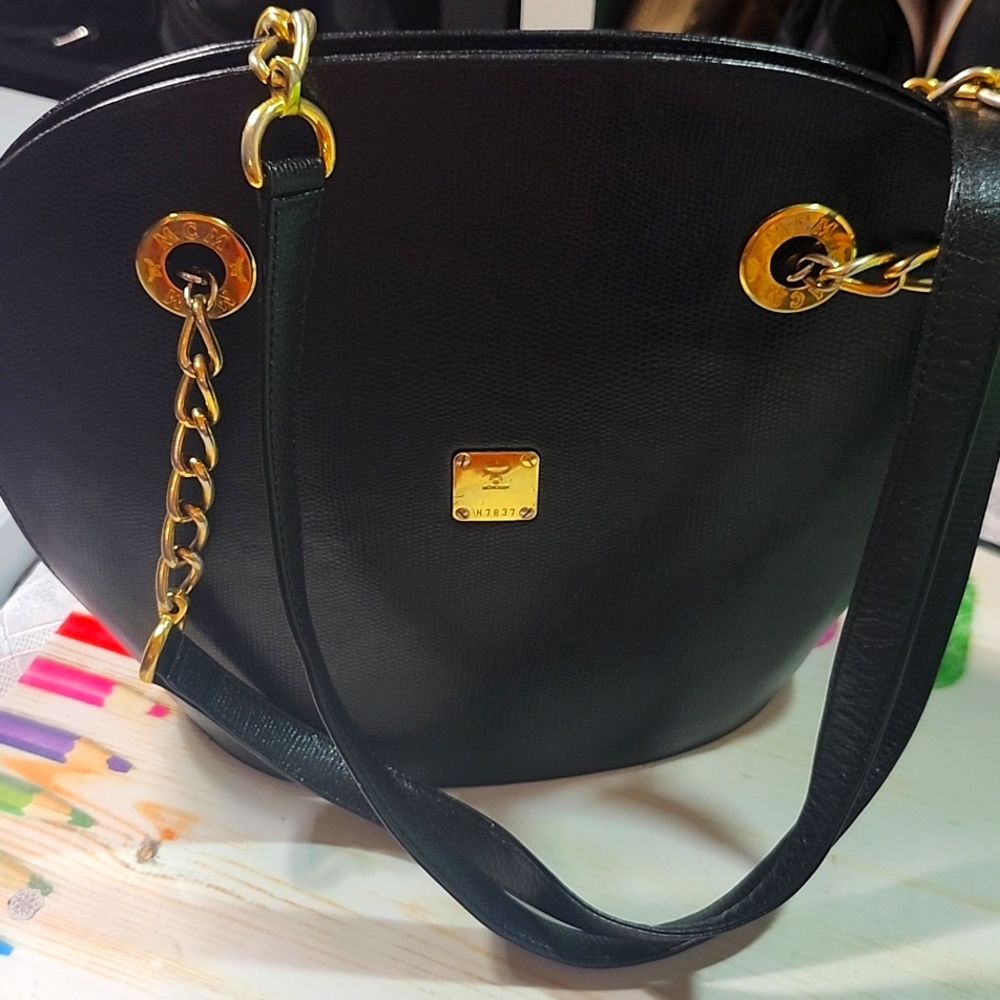 Vintage MCM Black Leather Shoulder Bag with Gold Plate